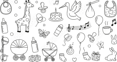 Cute baby doodle collection featuring toys, bottles, pacifiers, stork, crib, balloons, bibs, animals, and playful newborn illustration elements