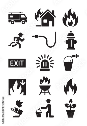 Black and white fire safety including truck house flames people running exit signs and plants