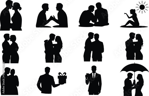 Set of 12 romantic silhouette scenes showing couples interacting, embracing, gifting, and proposing, ideal for love and relationship designs.