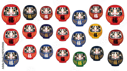 Collection of colorful Daruma dolls in various traditional colors including red, blue, green, and yellow for luck and goals.