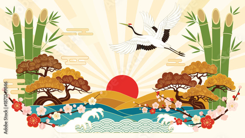 Stunning Japanese landscape featuring a flying crane, a red sunrise over golden hills, pine trees, and bamboo.