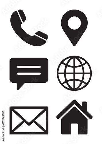 Black of phone location speech bubble globe envelope and house white