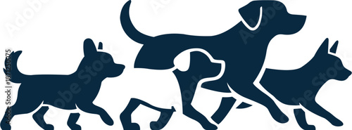 Logo design of a group of dogs of various breeds running.