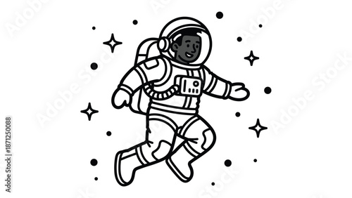 A vector graphic illustration of a smiling astronaut floating in space with stars