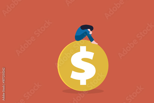 Depressed woman sitting on giant gold dollar coin representing financial crisis debt problems money stress and bankruptcy in global economic recession concept