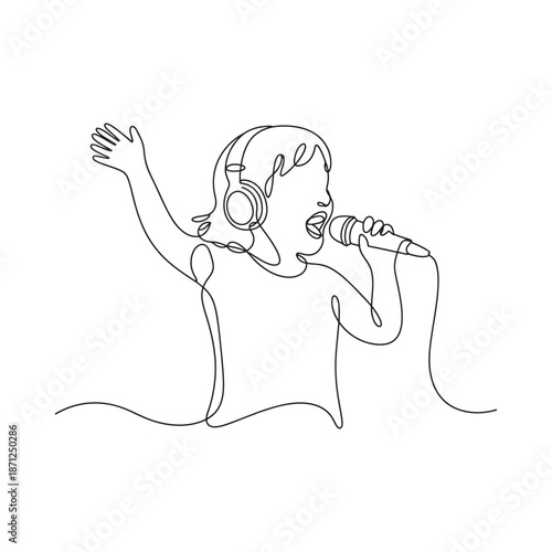 A young singer performing with a microphone and headphones line art illustration