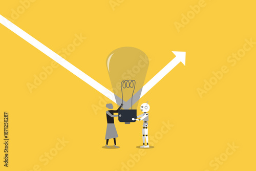 Business Collaboration Concept Between business woman and Artificial Intelligence Robot Holding a Glowing Lightbulb for Innovative Growth Solution and Future Creative Idea Success
