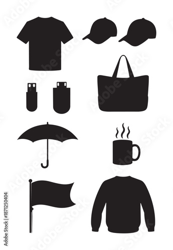 Black silhouettes of clothing accessories and personal white