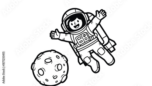 A cartoon astronaut floating in space next to a moon