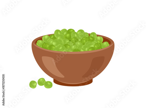 Green peas in bowl isolated on white background. Vector cartoon flat illustration of legume.