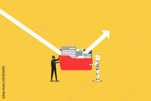 Business Collaboration Concept Representing Human and Robot Working Together Holding a Red Folder to Achieve Growth Success and Financial Recovery with Upward Arrow Background