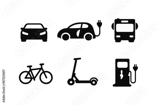 Electric and eco-friendly transport icons set in silhouette style