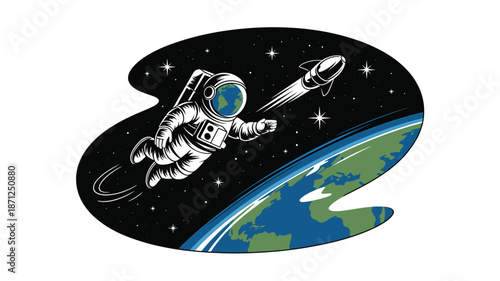 A vector graphic illustration of an astronaut floating in space with a rocket ship and Earth in the background.