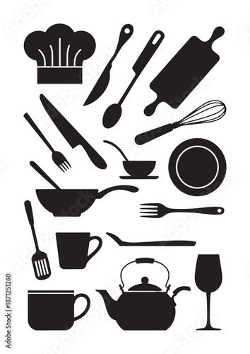 Black silhouettes of kitchen utensils and dishes white