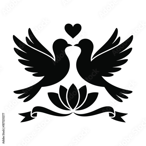 Black silhouette of two birds kissing under a heart and flower with ribbon on transparent background Illustration