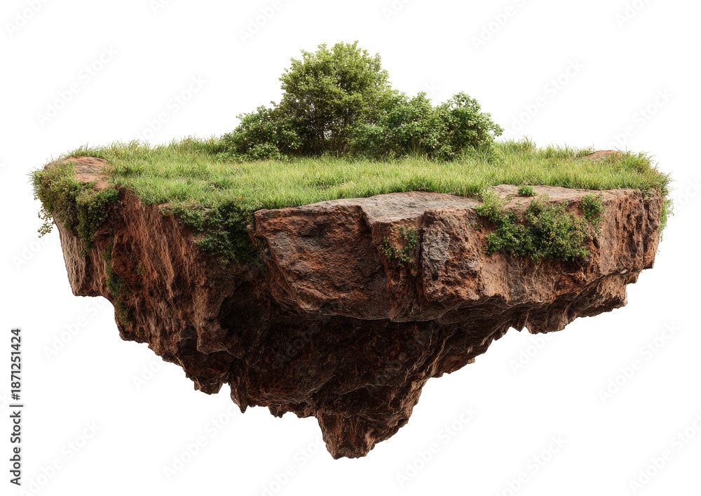 Fototapeta premium Floating island with grass and trees, hovering in space