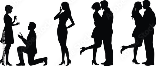 Set of romantic couple silhouette scenes showing proposal, emotional reaction, and kiss, ideal for love and relationship design themes.