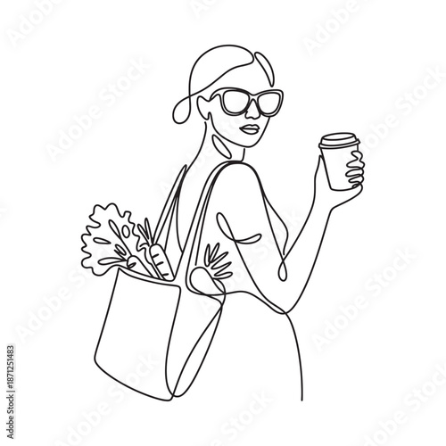 A stylish woman with a tote bag coffee and fresh produce in a line drawing