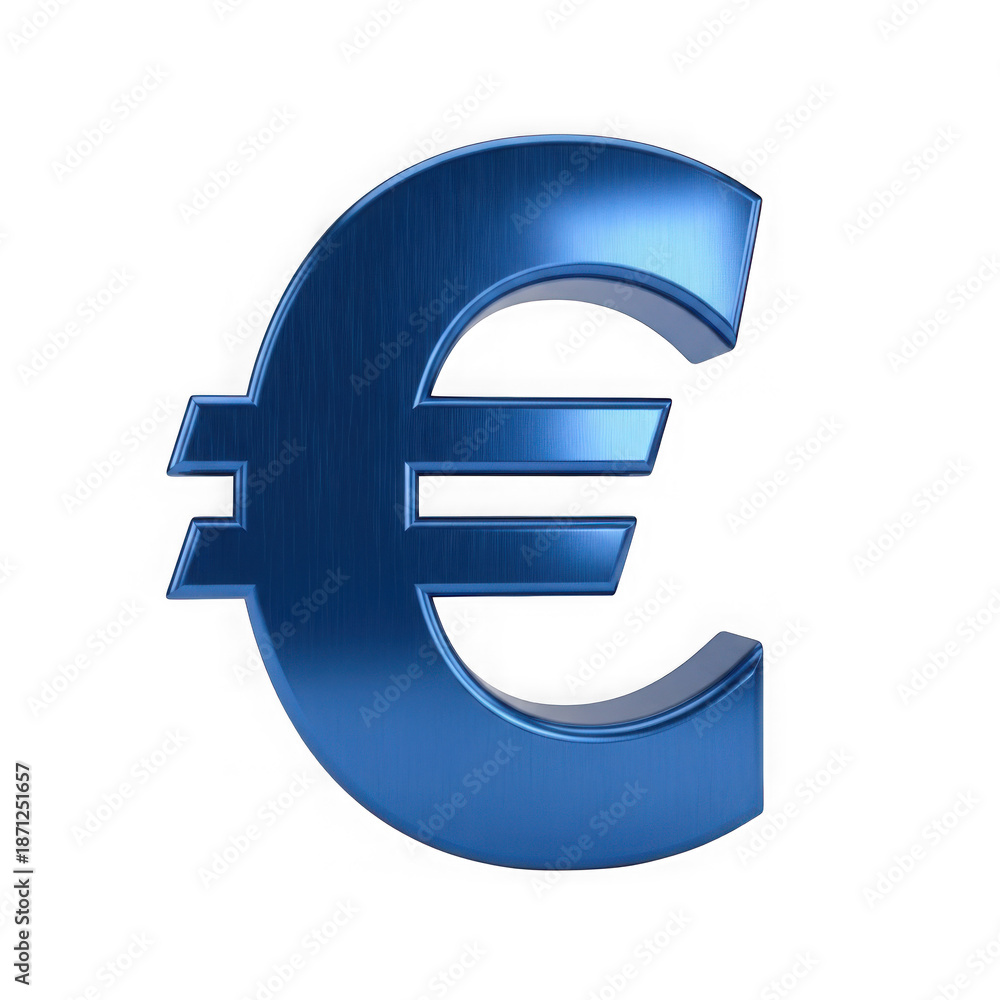 Fototapeta premium Blue euro symbol icon, metallic finish, isolated on transparent background