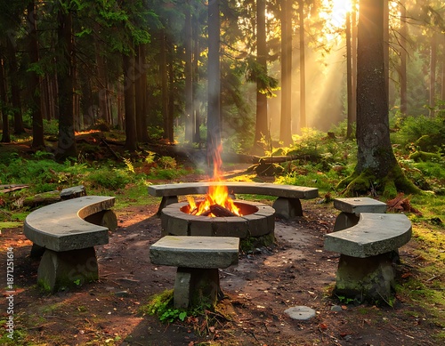 Campfire Gathering in a Forest Clearing at Sunset.