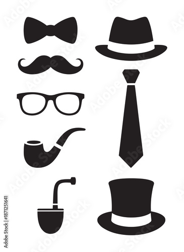 Black silhouettes of men's accessories and facial hair bowtie mustache