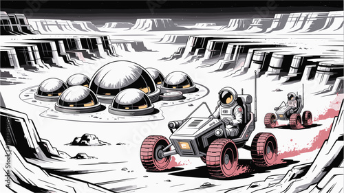 A futuristic illustration of astronauts driving vehicles on a Martian landscape with domed habitats