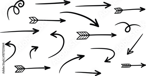 Hand-drawn arrow collection featuring curved, straight, doodle, sketchy, and decorative directional elements for notes and design accents