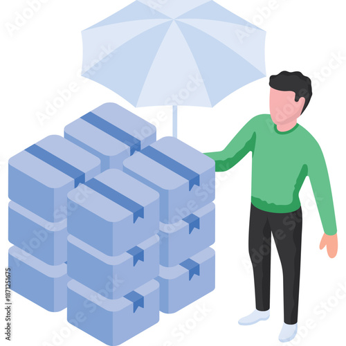 Person with Stack of Boxes Under Umbrella Icon