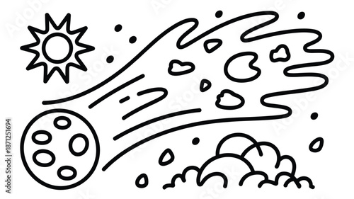 A minimalist vector illustration of a comet streaking across the sky with a sun and clouds