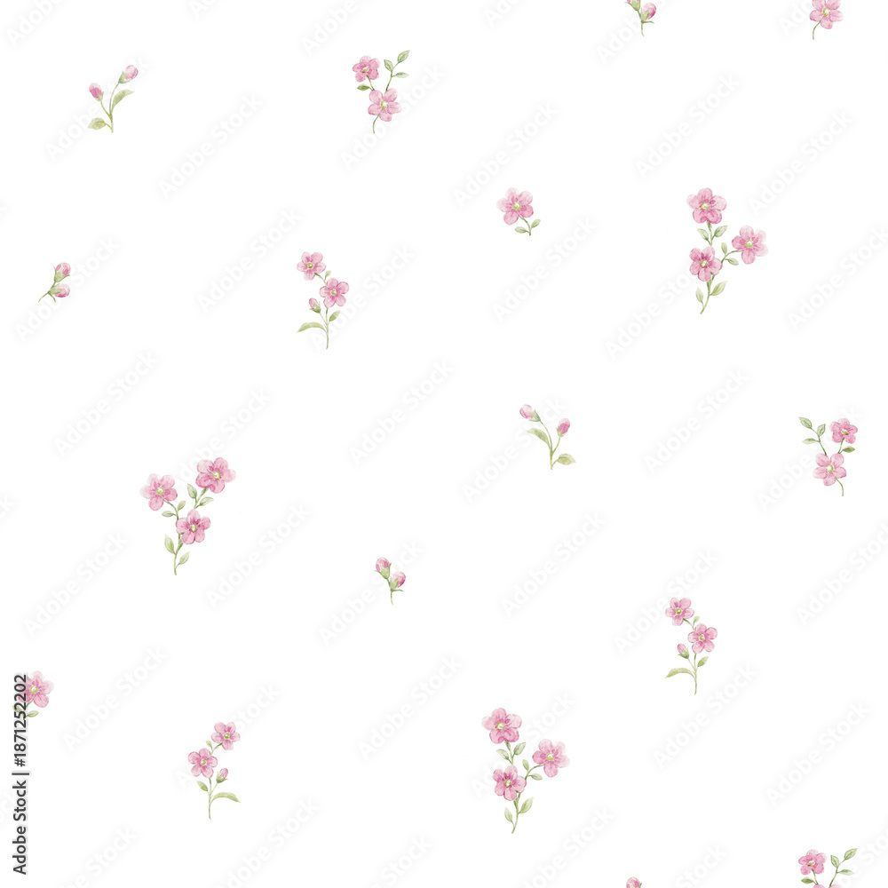 Fototapeta premium Seamless Watercolor Floral Pattern with Delicate Spring Flowers and Green Leaves