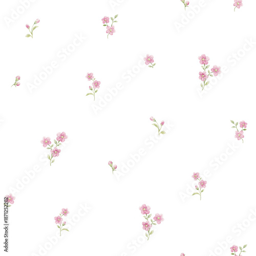 Seamless Watercolor Floral Pattern with Delicate Spring Flowers and Green Leaves