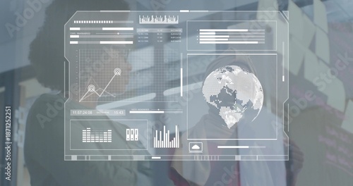 Analyzing two women in blazers wearing face masks interacting at office, with HUD charts and stylus