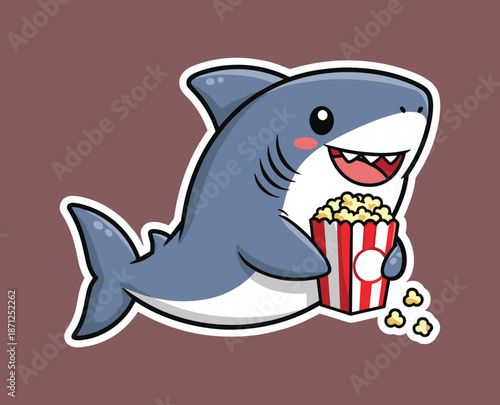 Cartoon shark, popcorn snack, smiling fish, movie time, playful sea animal, sticker style, maroon background, flat vector illustration