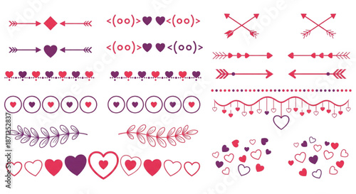Valentine's Day Love Heart Vector Design Elements. Romantic Dividers, Borders, Arrows for Wedding Invitations Social Media.