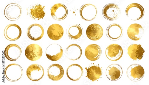 Collection of golden circle frames and design elements.