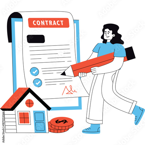 Person Signing a Contract for Home Purchase with Coins