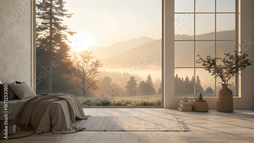 Wallpaper Mural Soft minimalist morning background with warm sunlight through a window, neutral tones, gentle shadows, large copy space, calm cozy mood Torontodigital.ca