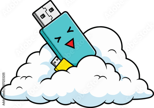 Cloud storage, cartoon USB, digital data, expressive flash drive, turquoise device, cloud computing, tech icon, flat vector illustration