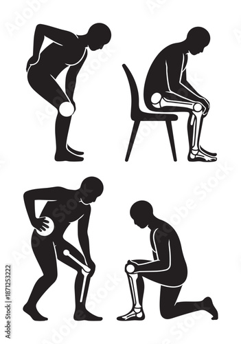 Black silhouettes of people with highlighted skeletons showing knee pain