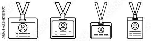 Set of four different black line art badge icons with lanyards and photo id on white background for business or security purposes Illustration