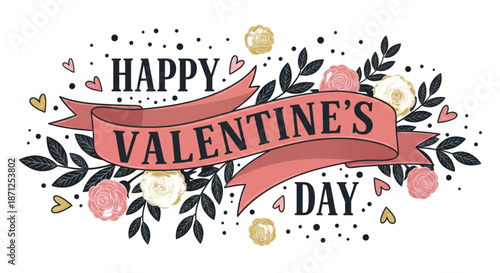 Happy Valentine's Day Romantic Floral Banner for Festive Greeting Cards Social Media and Holiday Marketing Campaigns