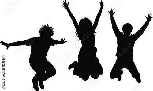 Jumping silhouettes, energetic pose, celebration moment, expressive movement, black figures, white background, freedom theme, dynamic action, flat vector illustration