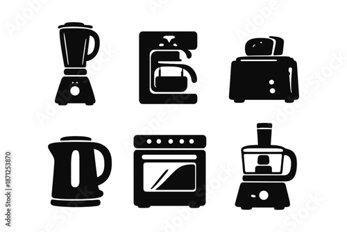Minimalist kitchen appliance icons collection featuring blender, coffee maker, toaster, and more