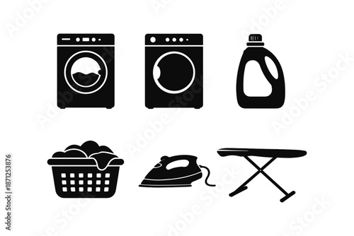 Laundry essentials: washer, dryer, detergent in flat silhouette style