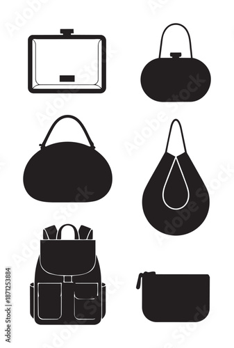 Black silhouettes of various handbags and backpack white purse luggage