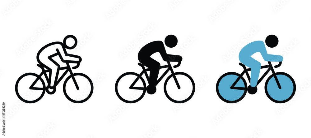 Obraz premium Three cyclists riding bicycles in different colors and styles side by side in profile view sports icons Illustration