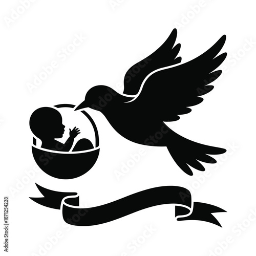 Stork flying with baby in nest and ribbon  symbol of new birth and innocence  stork carries baby home Illustration