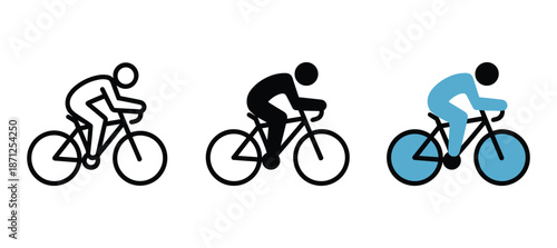 Three cyclists riding bicycles in different colors and styles side by side in profile view  sports icons Illustration