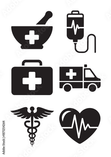 Black and white medical including mortar and pestle ambulance and heart rate