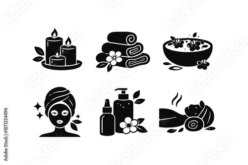 Spa wellness icons: relaxation and self-care essentials in silhouette style